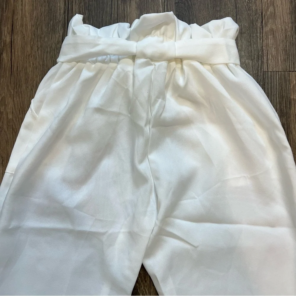 Women’s Elastic Tie Front High Waisted Belted Pants White Pocket Size M